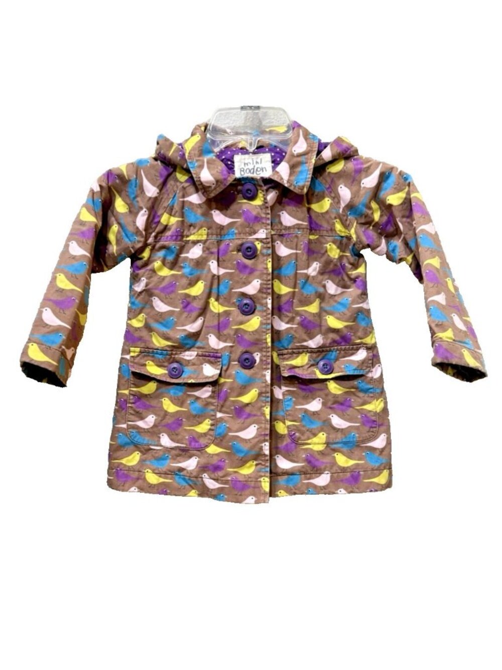 Mini Boden Lined Hooded Jacket Coat Girl’s Size 2-3 Yrs Brown Fun Pastel Birds